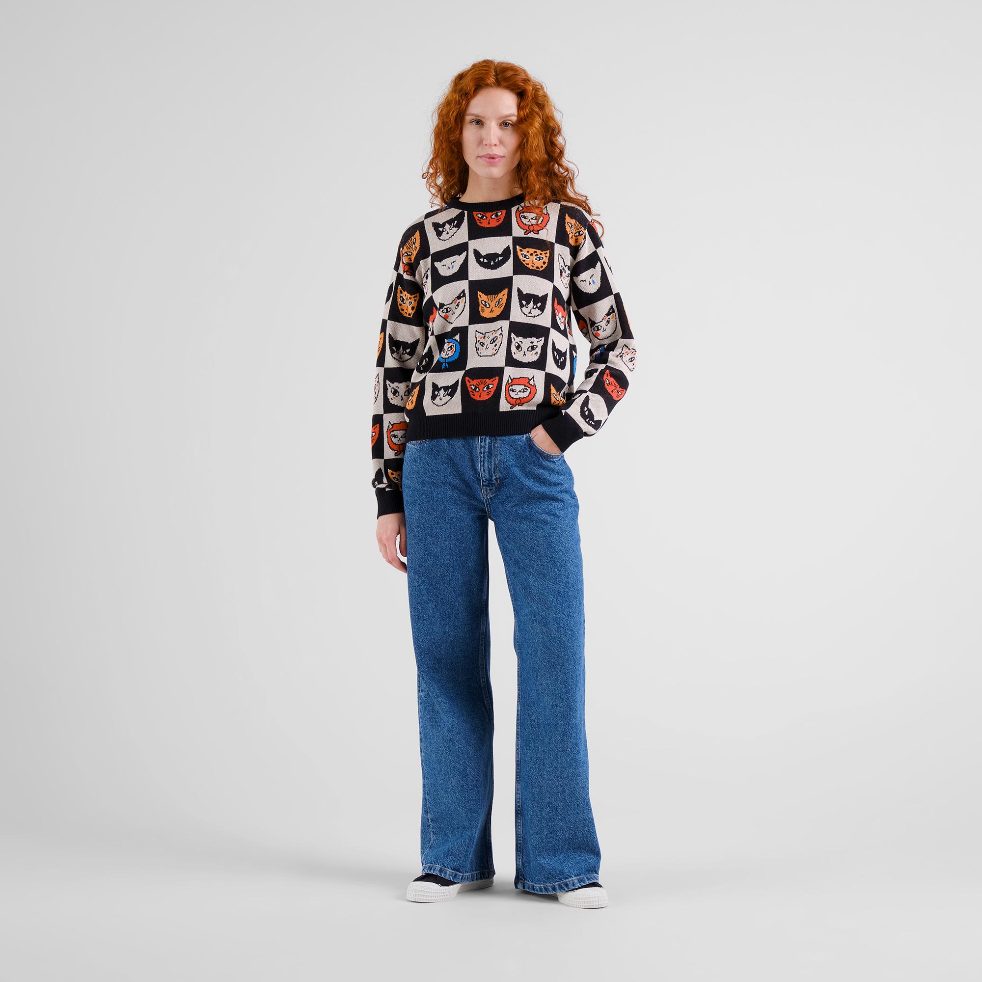 Dedicated Arendal Cat Bingo Multi Color Damen Strickpullover schwarz
